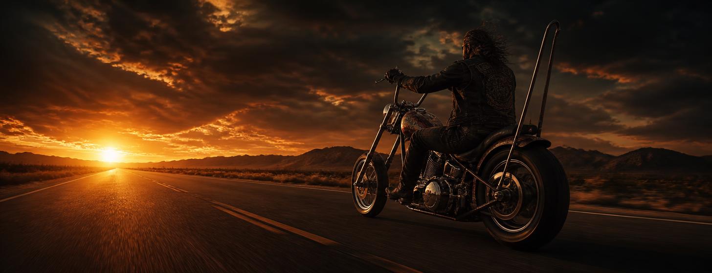 Motociclista em estrada ao pôr do sol